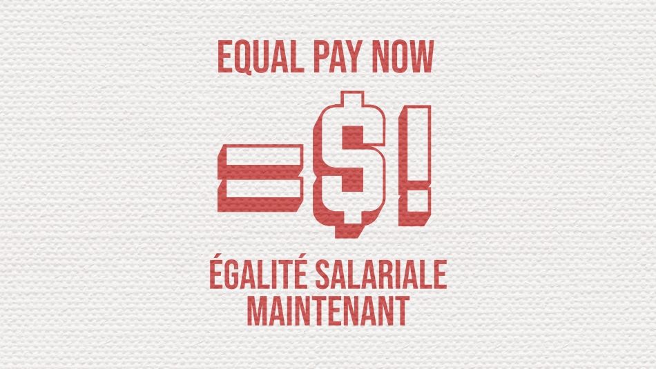 An equals sign ahead of a dollar sign and an exclamation mark, along with the text "Equal Pay Now"