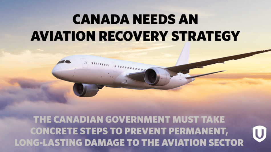 An image of a plane flying with the text: "Canada needs an aviation recovery strategy."