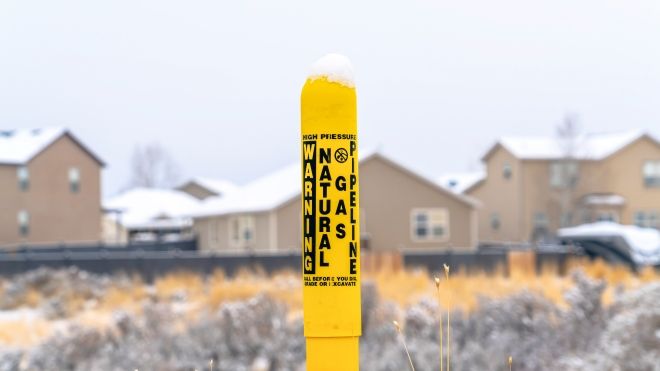 Yellow pole in a field with the words Natural Gas Pipeline on it with houses in the backgroundith h