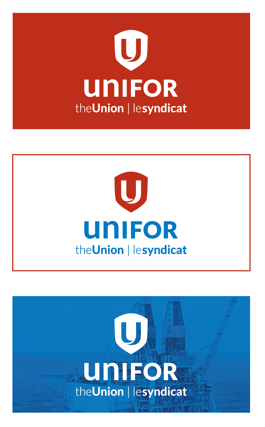 White Unifor logo on red background, full-colour Unifor logo on white background, and white Unifor logo on a photo with a heavy blue filter