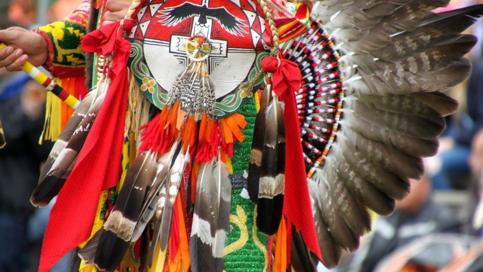 A close-up of indigenous regalia