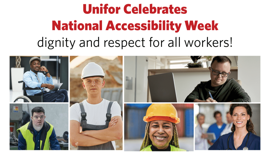 Four worker profiles and text reads, Unifor celebrates National AccessAbility Week 