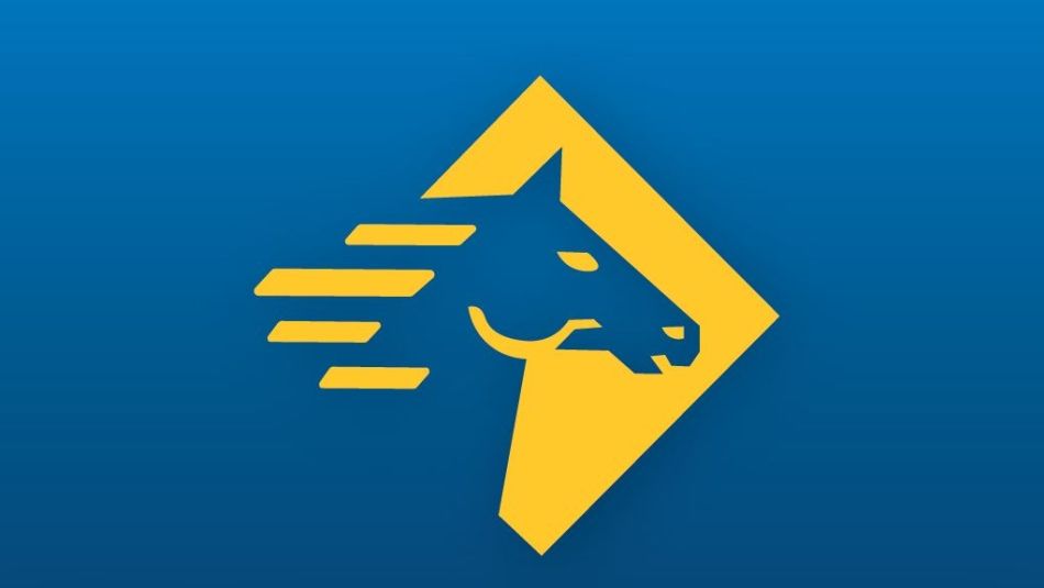 A Paladin Security logo with a horse in blue with yellow diamond background.