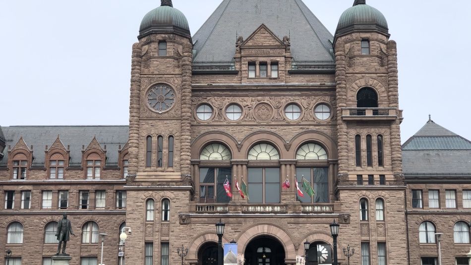 Front view of the Queen's Park legislature building in Toronto