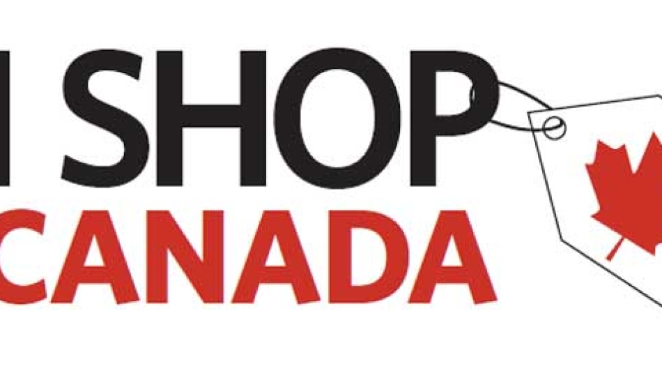 Un graphique montre les mots "I Shop Canada" avec une étiquette en forme de feuille d'érable qui y est accrochée.