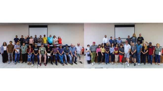 Two images side by side of groups taking a photo indoors