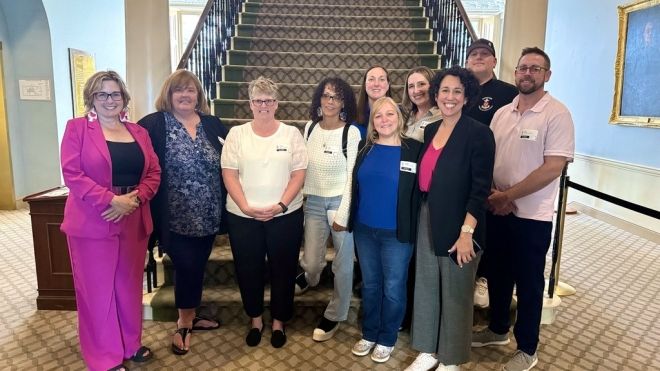 Atlantic Regional Director Jennifer Murray and Unifor members and staff stand with NSNDP Leader Claudia Chender and MLA Susan LeBlanc