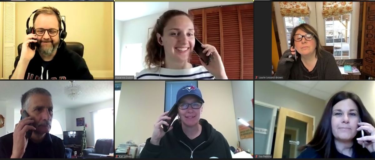 Unifor members participating in a phone zap via Zoom.