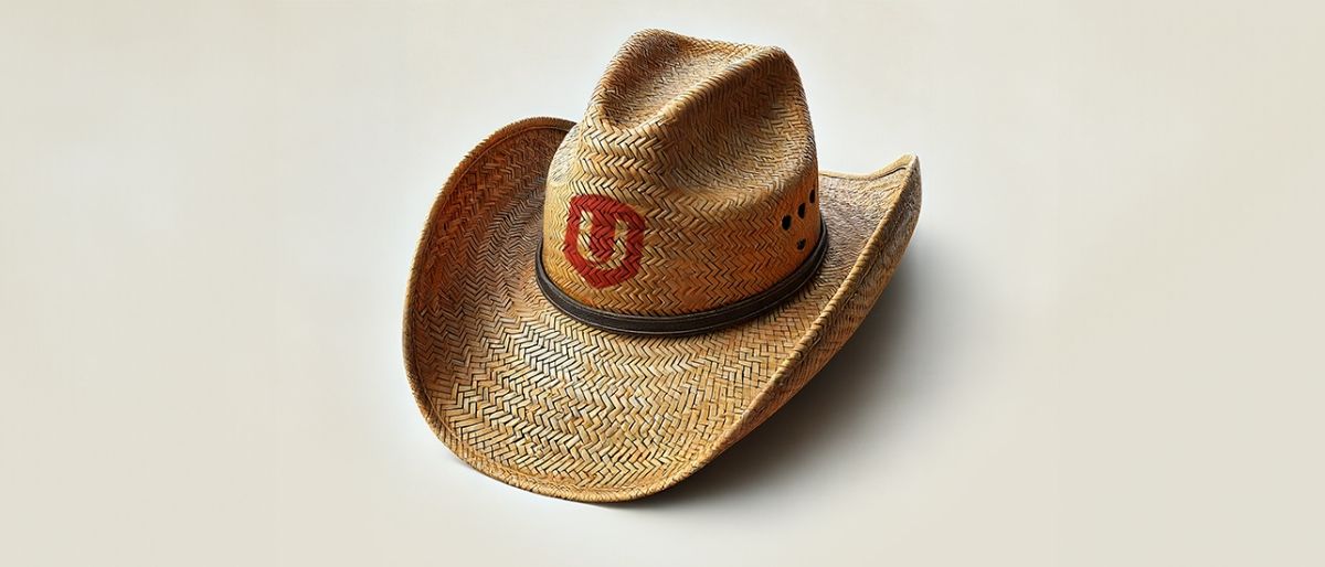 Straw cowboy hat with a red Unifor shield logo stenciled on, resting on a beige surface.